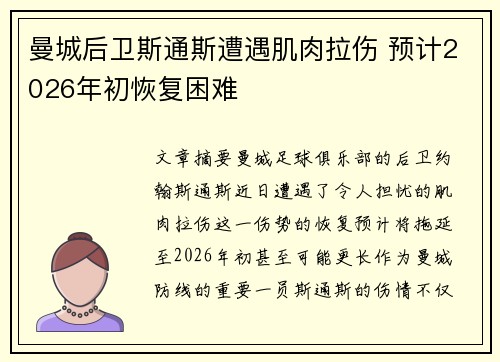 曼城后卫斯通斯遭遇肌肉拉伤 预计2026年初恢复困难 曼城后卫斯通斯遭遇肌肉拉伤 预计2026年初恢复困难